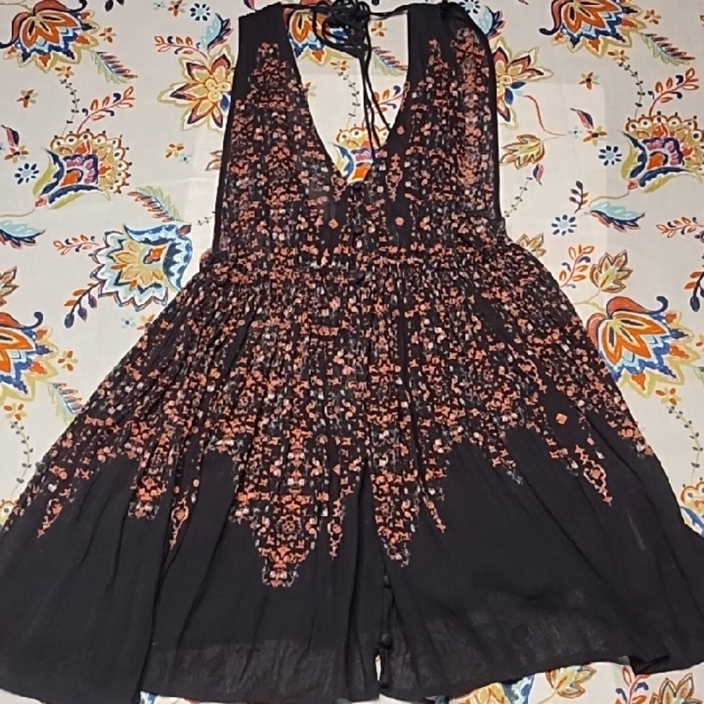 Free People Black Tunic with Rust Floral Print